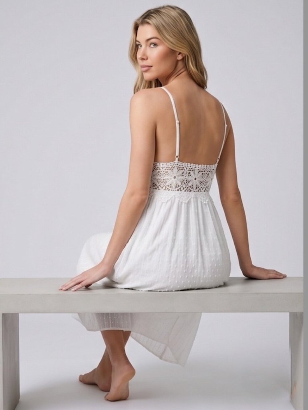 Boho White Swiss Dot Midi Dress with Crochet Lace Waist - Picture 5 of 13